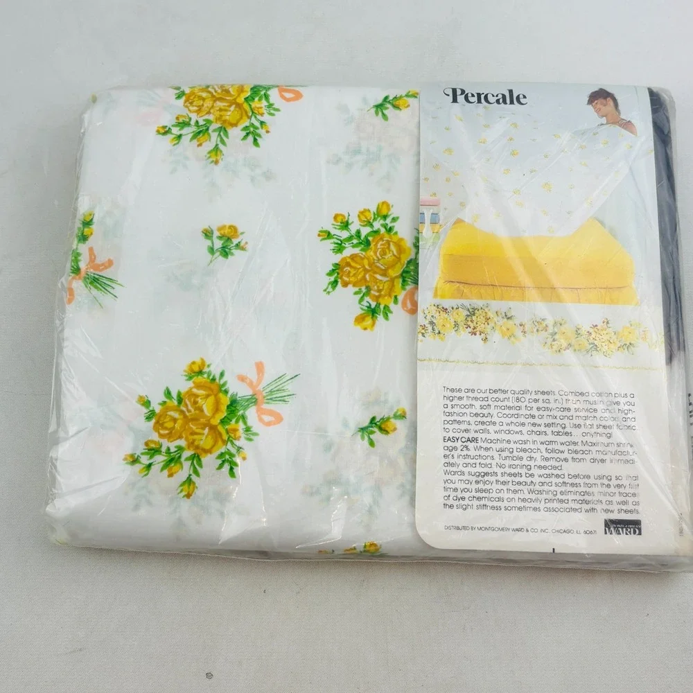 Vtg Montgomery Ward American‎ Beauty Full Sheet Set Sunshine Yellow Floral Roses